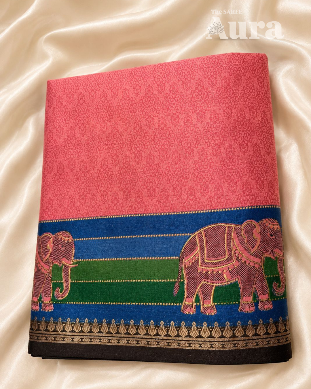 Coral pink saree with elephant Motifs