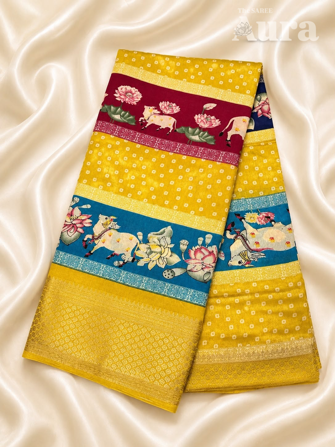 Bandhani & pichwai Silk saree (Yellow, blue, maroon & royal blue)