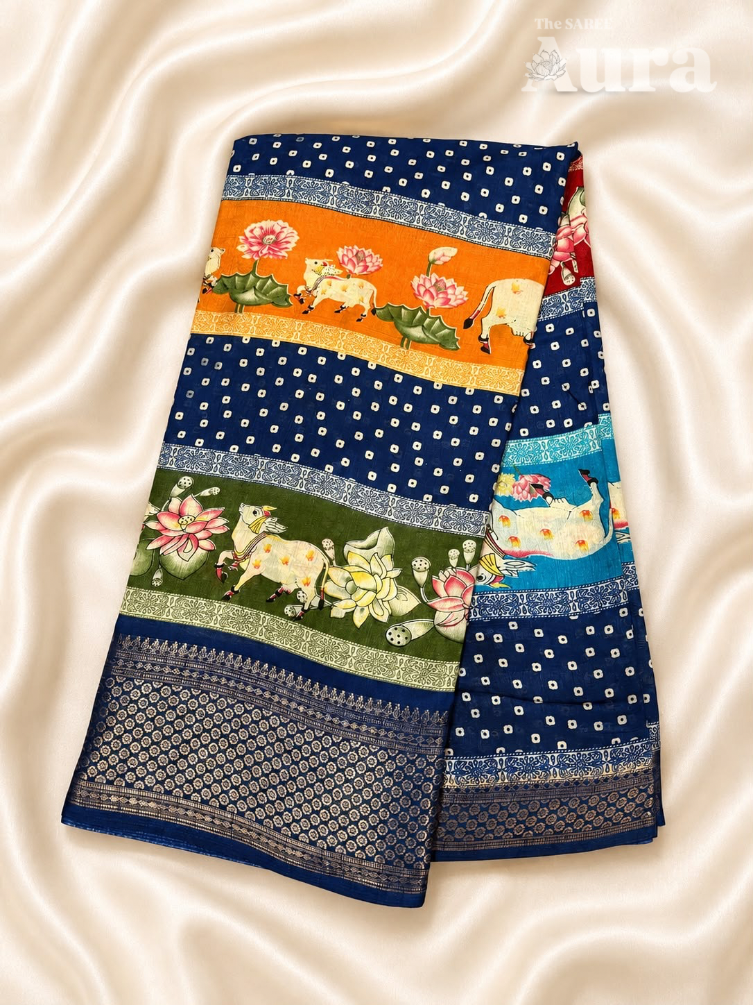Bandhani & pichwai Silk saree (Navy Blue, green, blue & orange)
