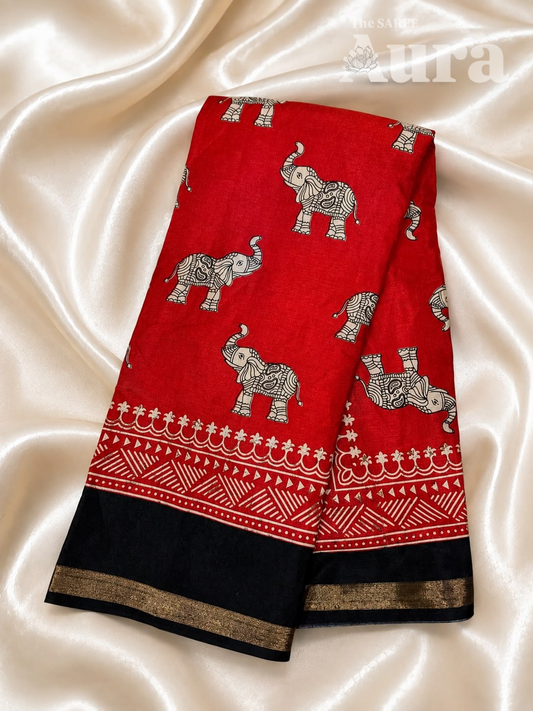 Red & Black Elephant Printed Silk Saree