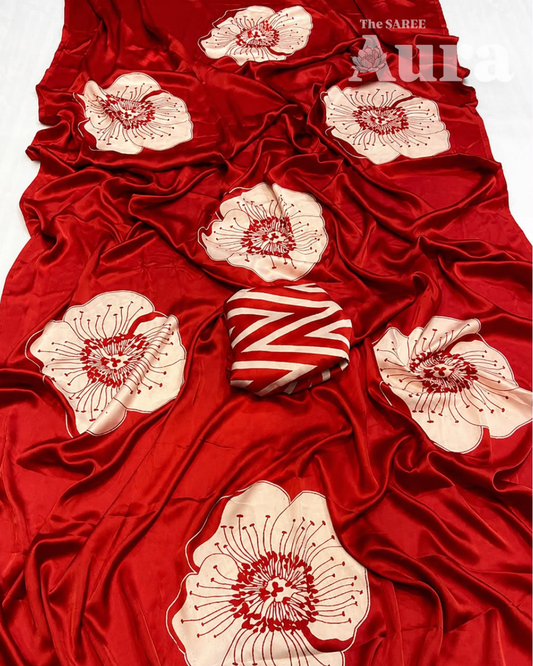Elegant Red floral Satin Silk Saree