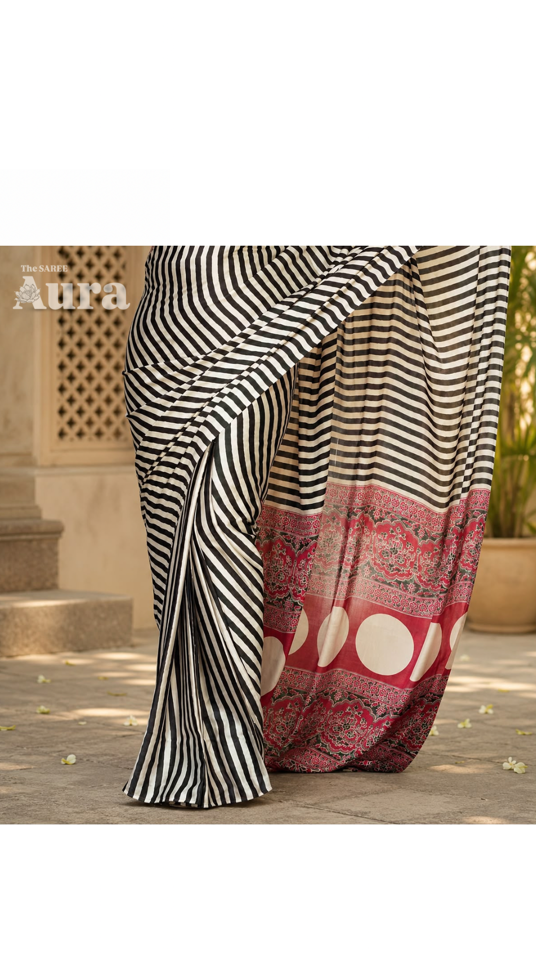 Ajrakh Modal silk black and white stripes saree