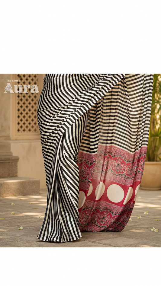 Ajrakh Modal silk black and white stripes saree