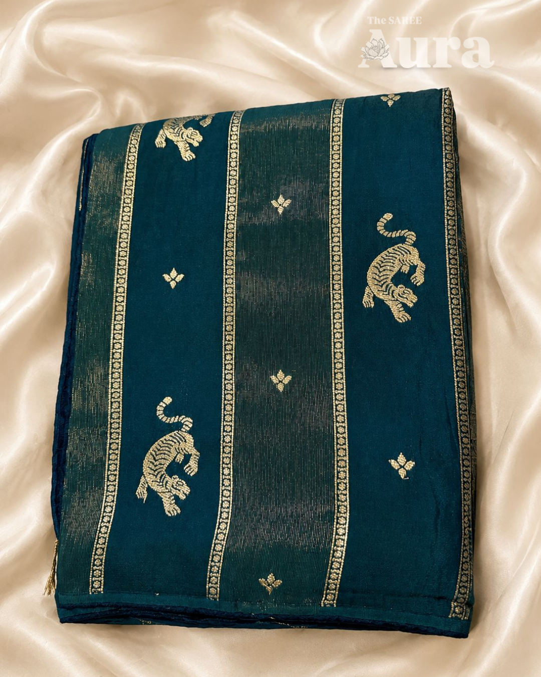 Teal Blue Saree with Tiger Motifs
