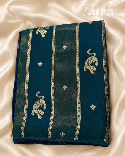 Teal Blue Saree with Tiger Motifs