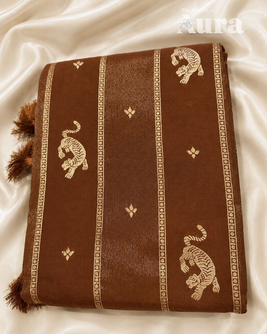 Rich Chocolate Brown Saree with Tiger Motifs