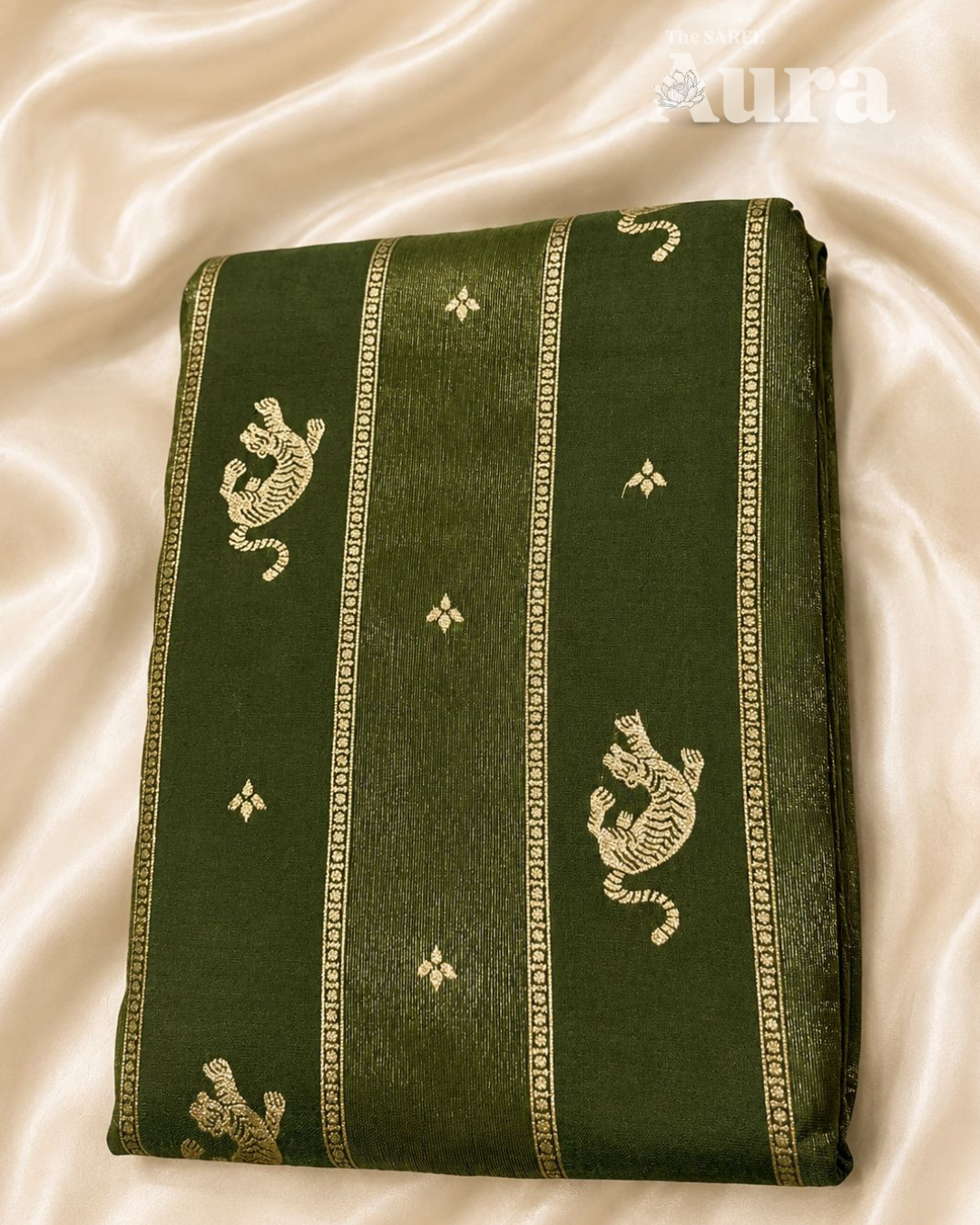 Deep Olive Green Saree with Tiger Motifs