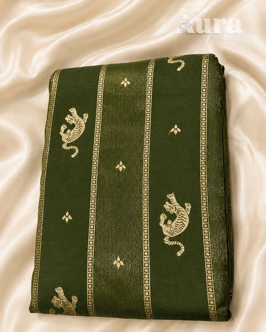 Deep Olive Green Saree with Tiger Motifs