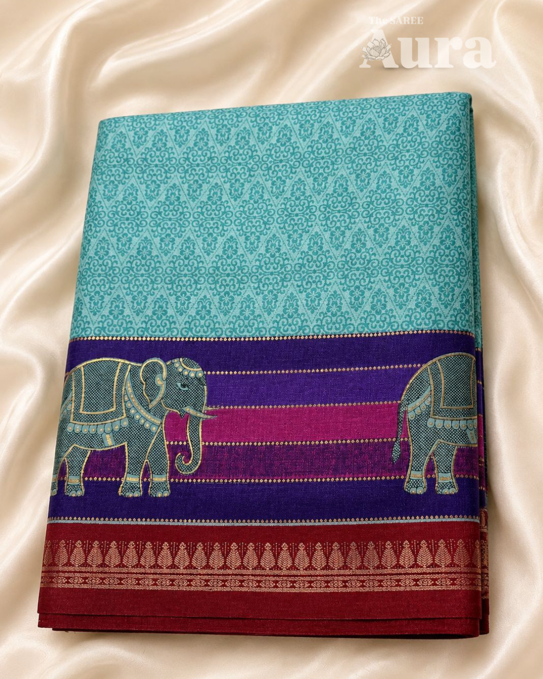 Aqua blue saree with elephant Motifs