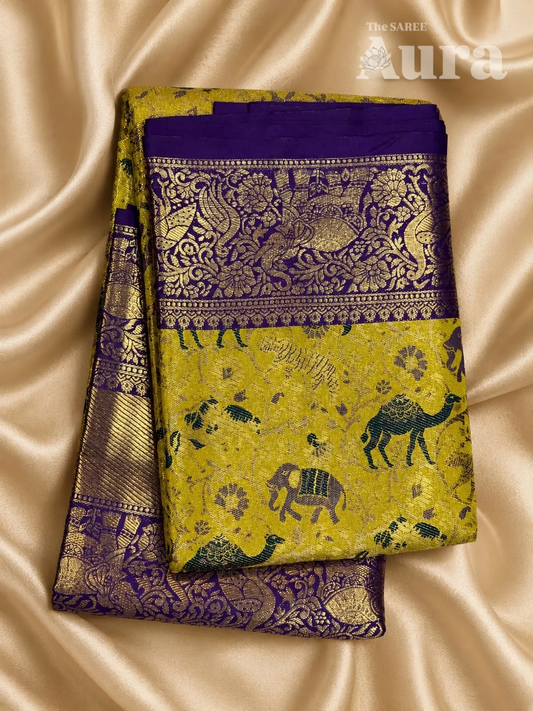 Kanjivaram Silk saree with animal & zari weaves (lime yellow & Royal purple)