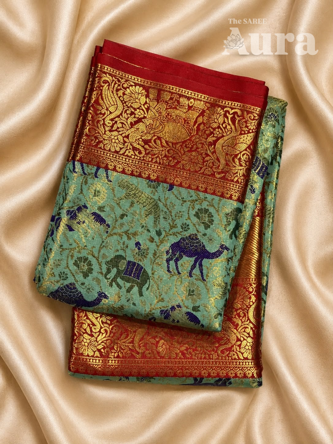 Kanjivaram Silk saree with animal & zari weaves (Sea Green & Red)
