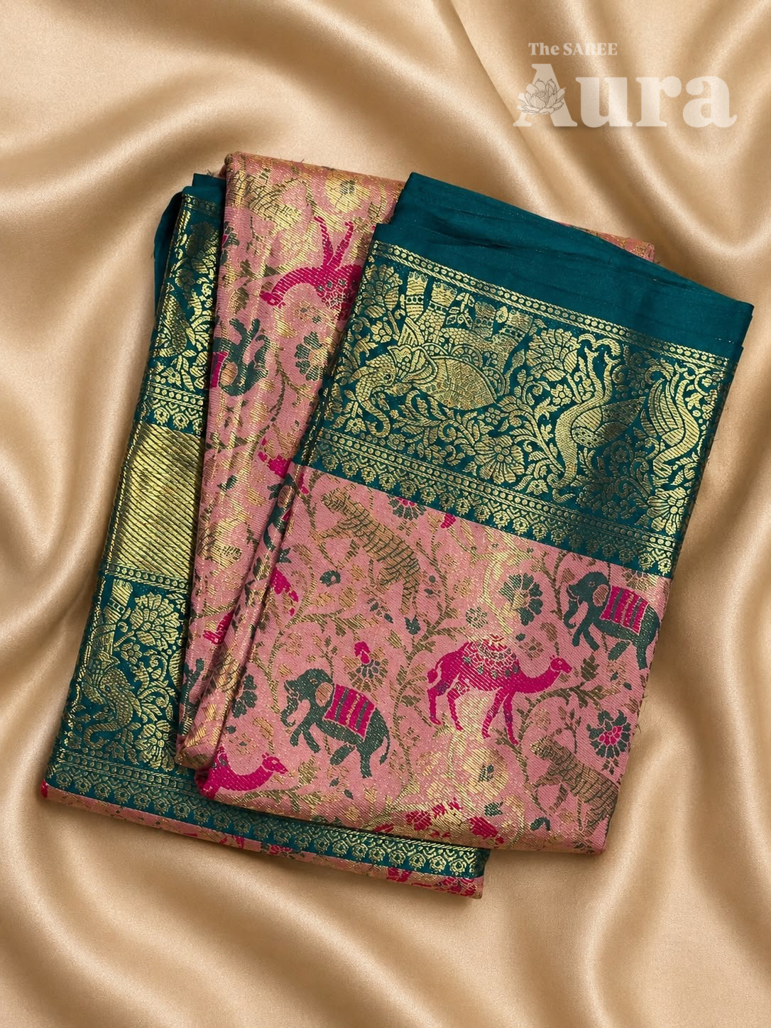 Kanjivaram Silk saree with animal & zari weaves (Pastel pink & teal green)