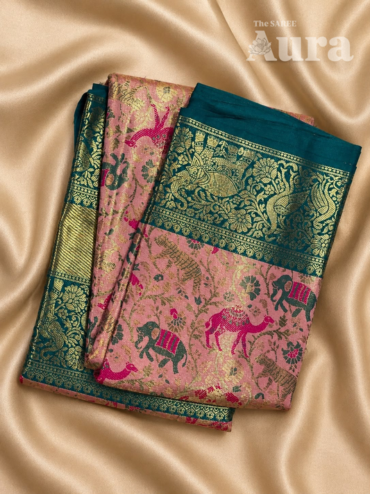 Kanjivaram Silk saree with animal & zari weaves (Pastel pink & teal green)