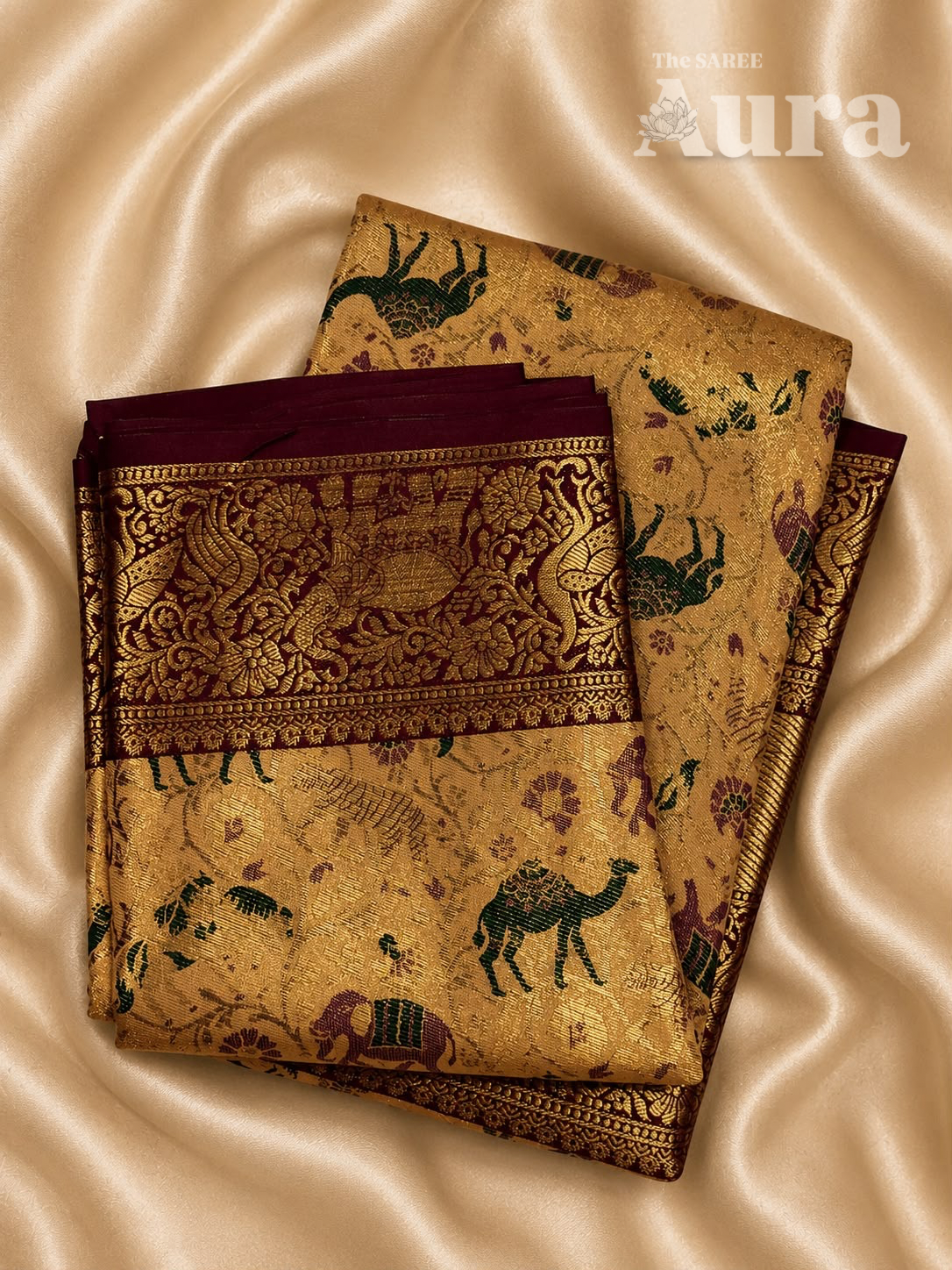 Kanjivaram Silk saree with animal & zari weaves (Beige & Maroon)