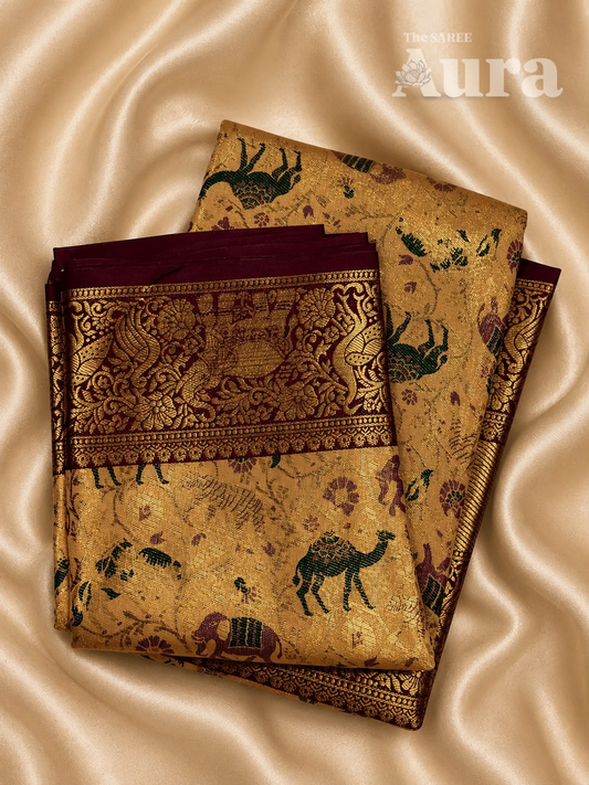 Kanjivaram Silk saree with animal & zari weaves (Beige & Maroon)
