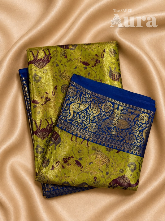 Kanjivaram Silk saree with animal & zari weaves (lime green & royal blue)