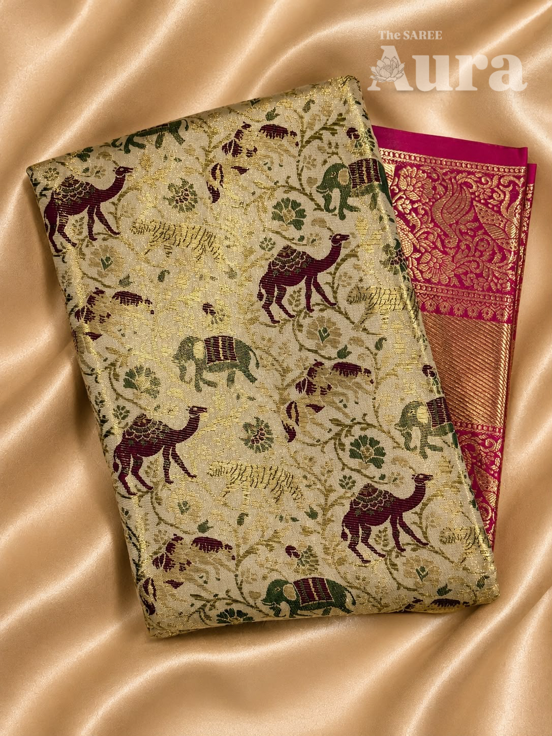 Kanjivaram Silk saree with animal & zari weaves (Off White & Metalic Pink)