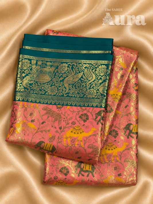Kanjivaram Silk saree with animal & zari weaves (Coral Pink & teal Blue)