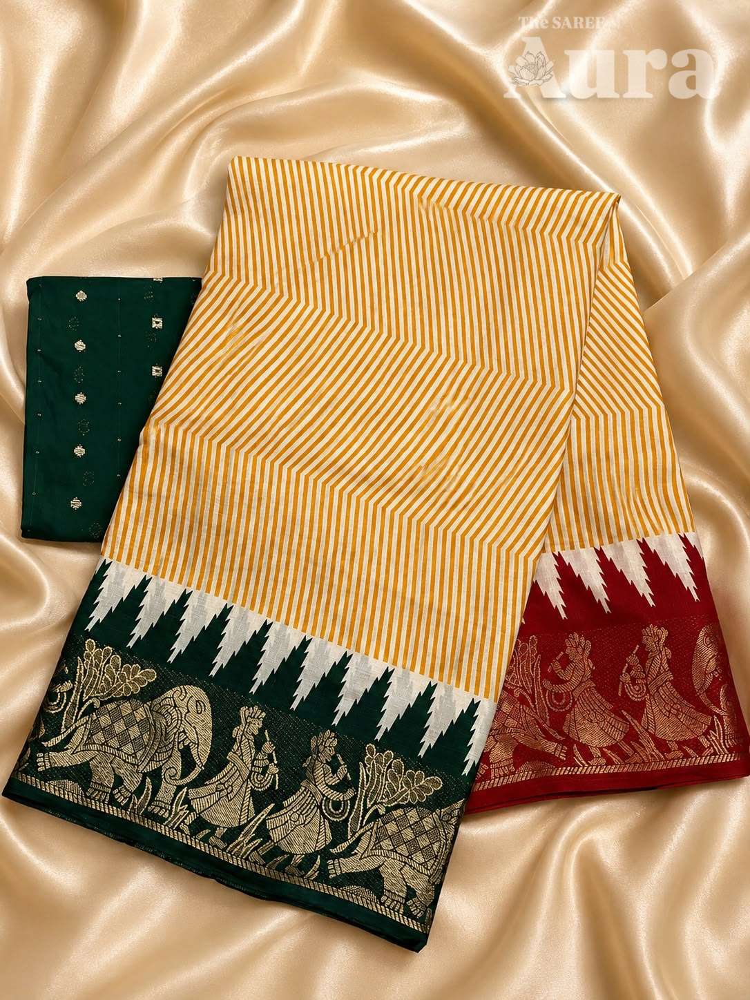 Ojaswi silk saree (Bottle green & Red)