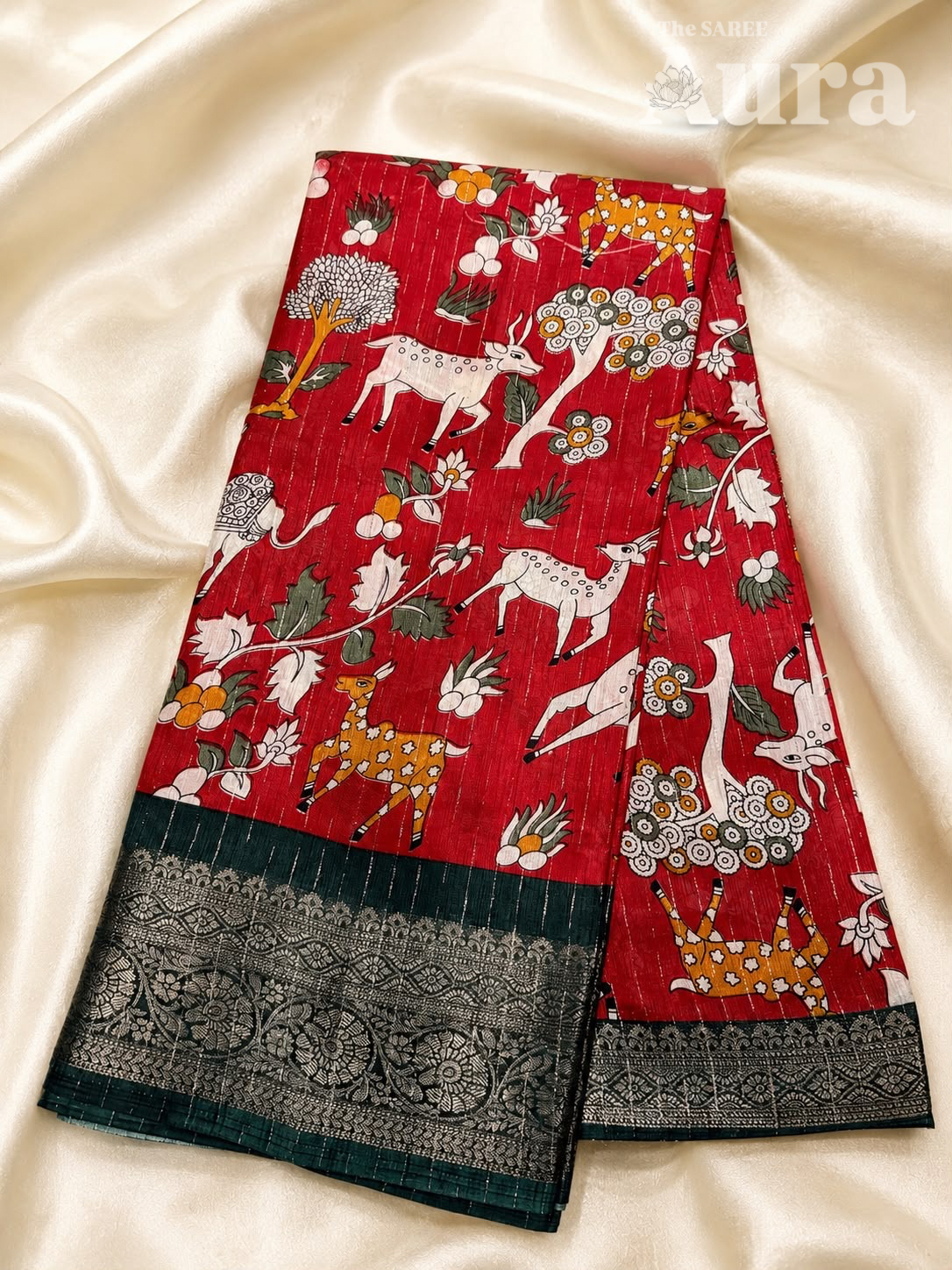 Kalamkari Silk saree (Red & Dark Green)