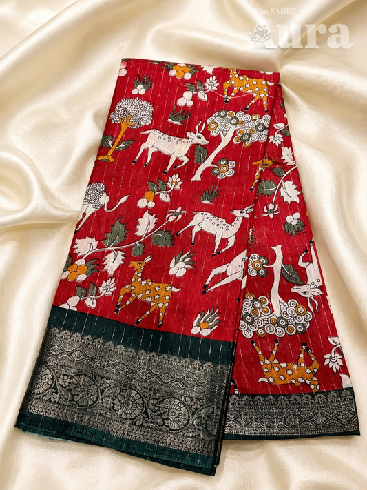 Kalamkari Silk saree (Red & Dark Green)