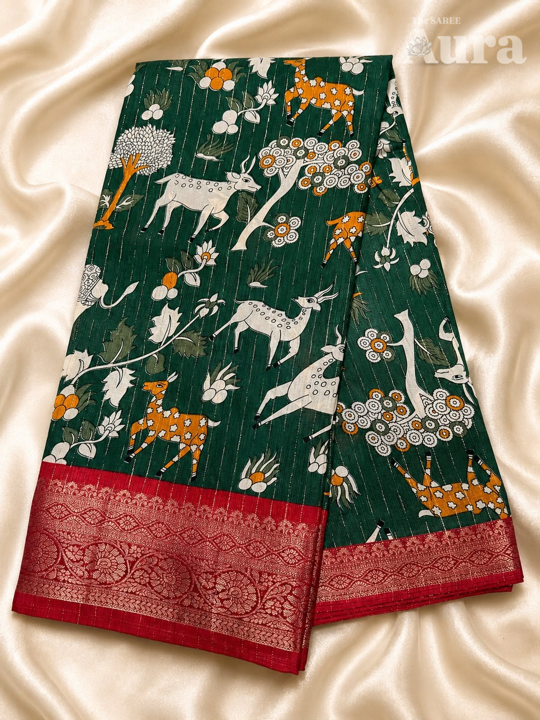 Kalamkari Silk saree (Bottle green & red)