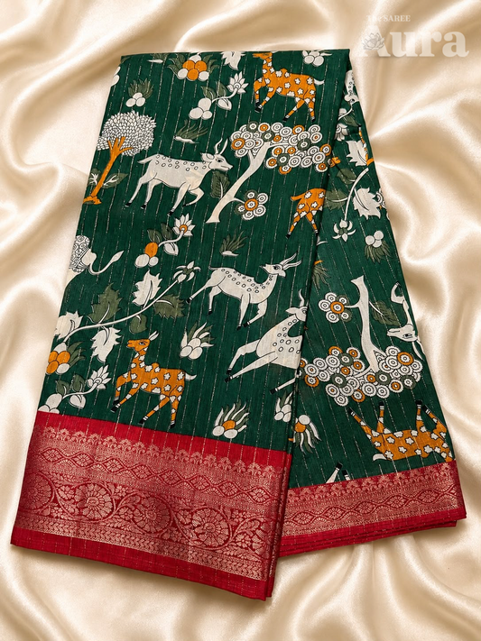 Kalamkari Silk saree (Bottle green & red)