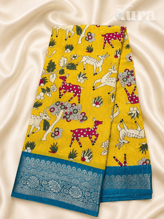 Kalamkari Silk saree (Yellow and Blue)