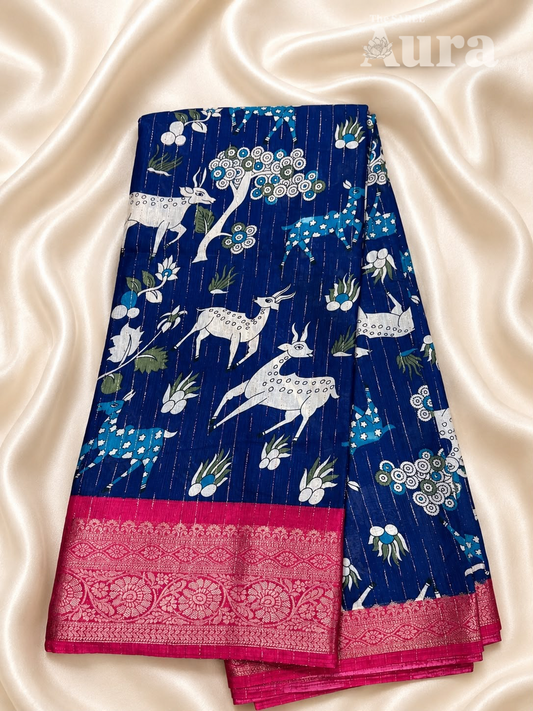 Kalamkari Silk Saree (Royal blue & Rani Pink Zari)