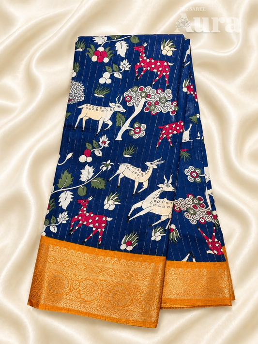 Kalamkari Silk Saree (Royal blue & Mustard Yellow)