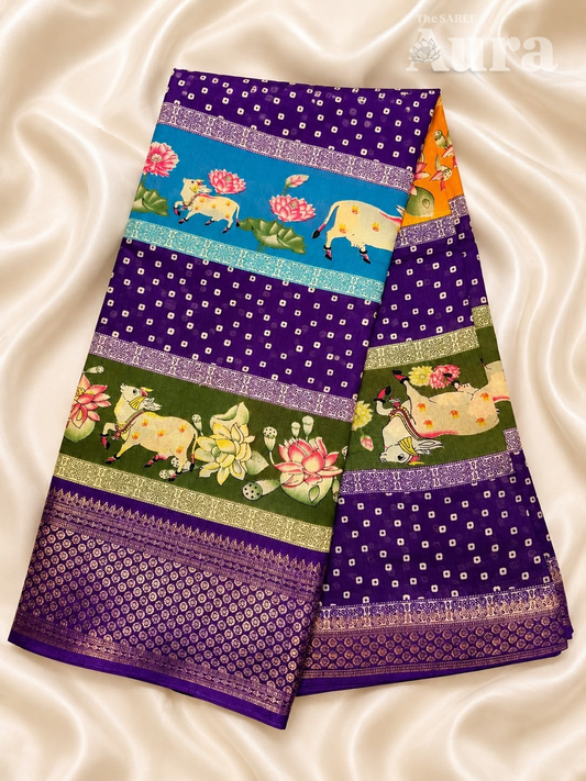 Bandhani & pichwai Silk saree (Purple, green, blue & orange)