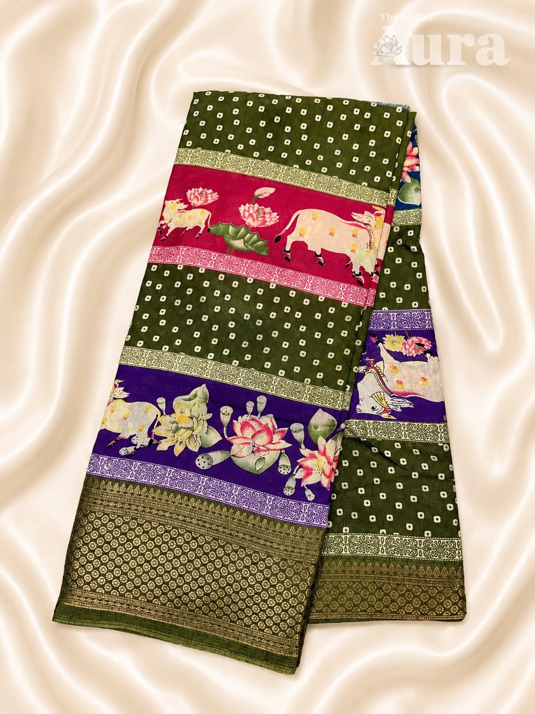 Bandhani & pichwai Silk saree (Olive green, royal purple, pink, Blue)