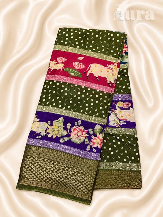 Bandhani & pichwai Silk saree (Olive green, royal purple, pink, Blue)