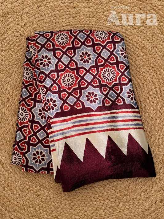Ajrakh Modal silk saree (Maroon & grey)