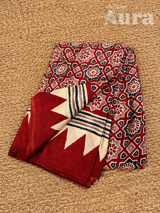 Ajrakh Modal silk saree (Brick Red & grey)