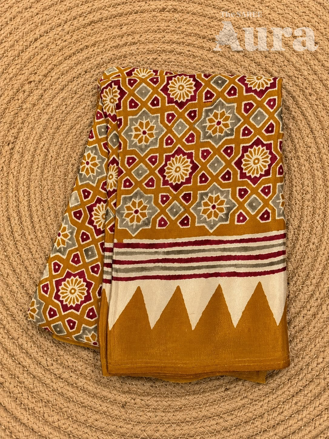 Ajrakh Modal silk saree (Mustard Yellow & grey)