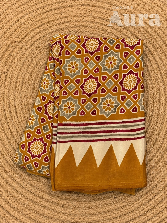 Ajrakh Modal silk saree (Mustard Yellow & grey)