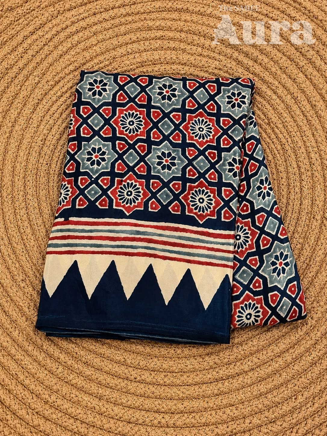 Ajrakh Modal silk saree (Navy blue & grey)