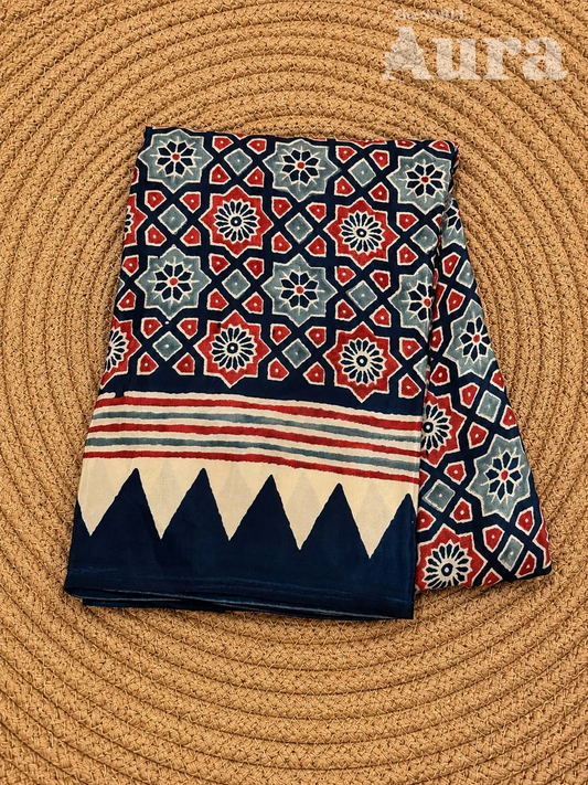 Ajrakh Modal silk saree (Navy blue & grey)