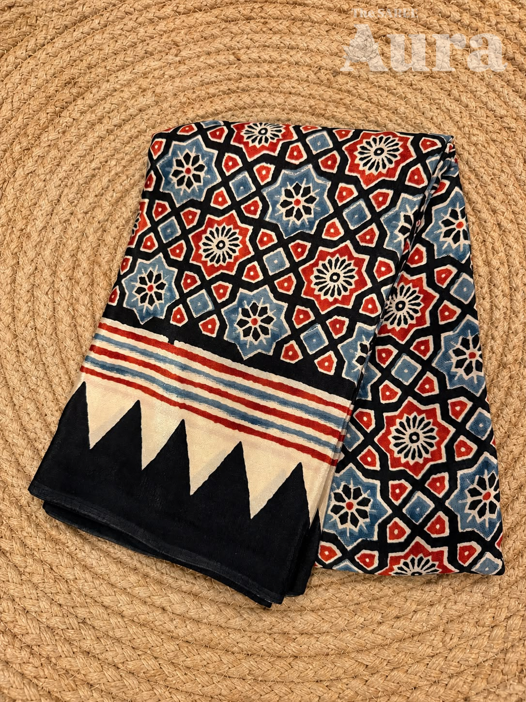 Ajrakh Modal silk saree (Black & grey)