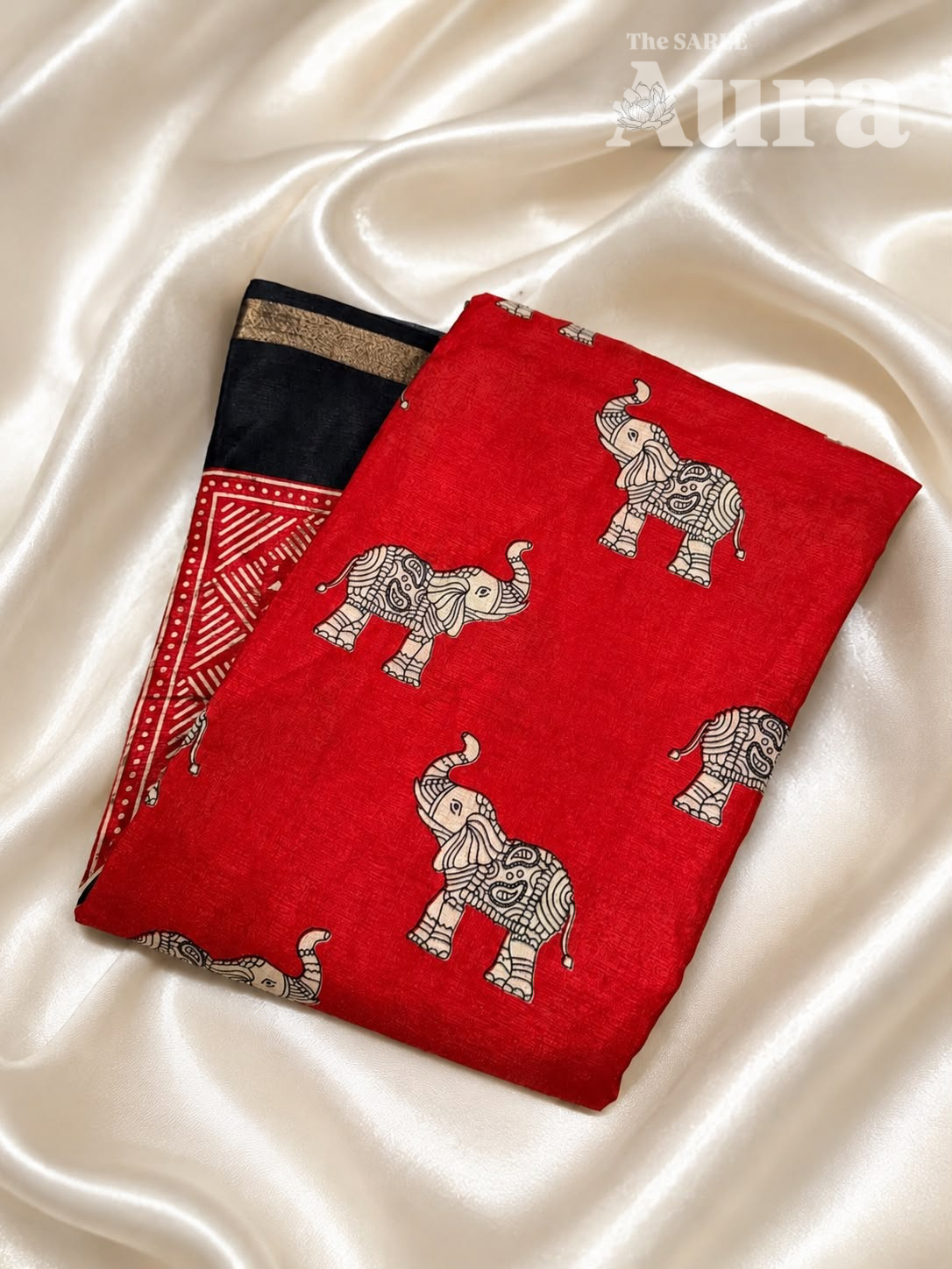 Red & Black Elephant Printed Silk Saree