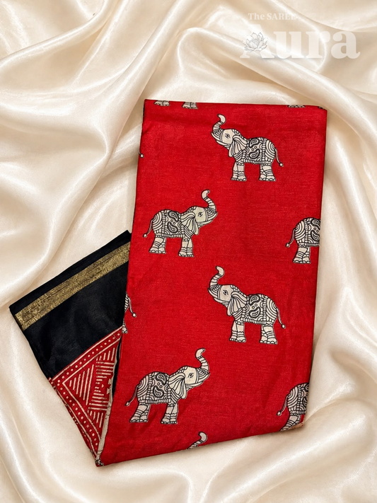 Red & Black Elephant Printed Silk Saree