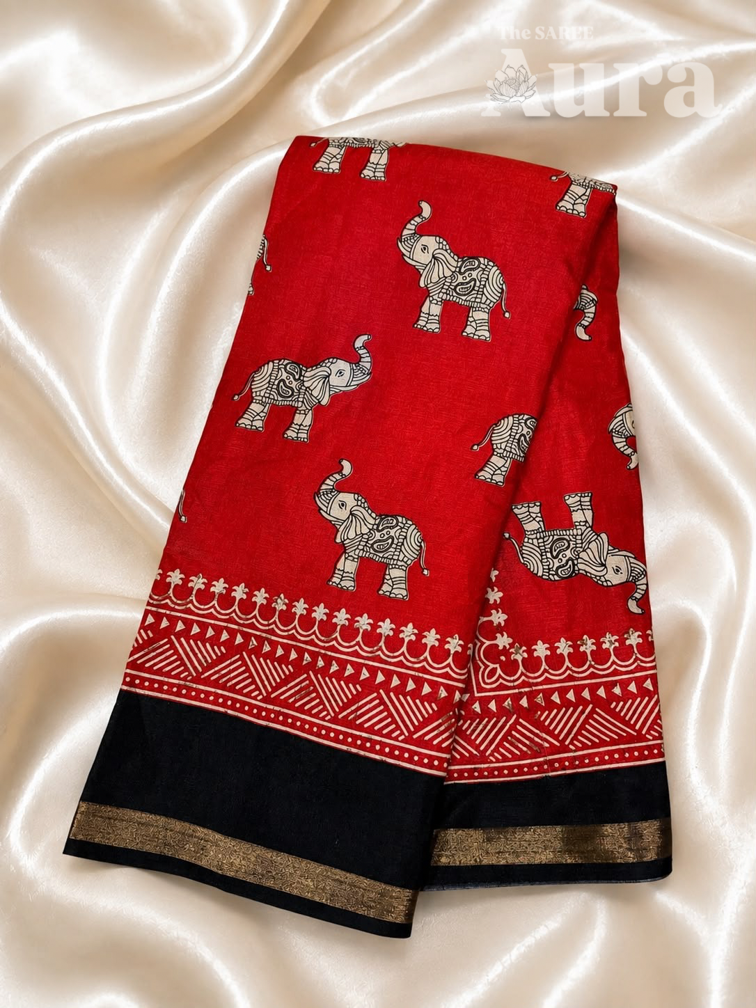 Red & Black Elephant Printed Silk Saree