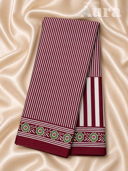 Vertical pinstripes Ajrakh Modal Silk saree (Maroon)