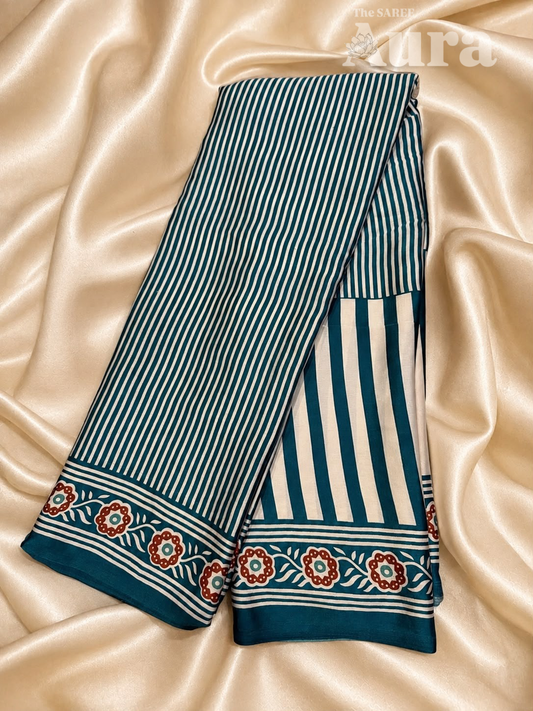 Vertical pinstripes Ajrakh Modal Silk saree (Peacock Teal)