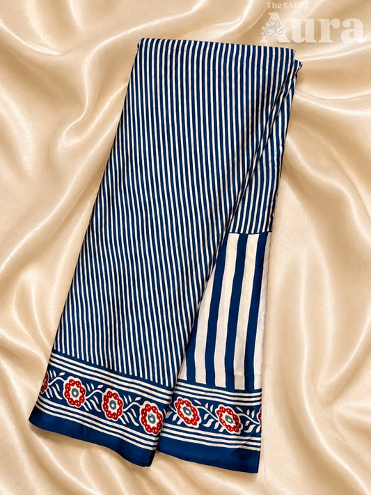 Vertical pinstripes Ajrakh Modal Silk saree (Royal blue)
