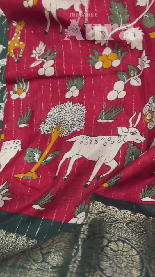 Kalamkari Silk saree (Red & Dark Green)