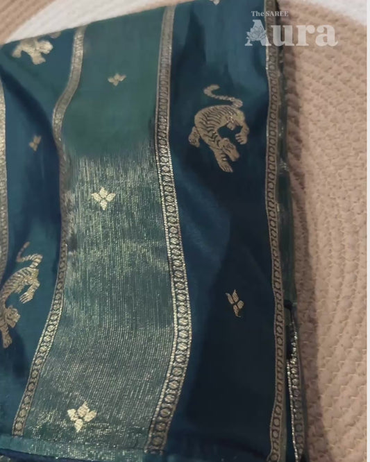 Teal Blue Saree with Tiger Motifs