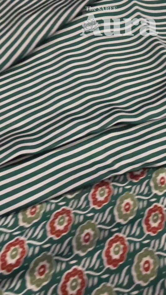 Vertical pinstripes Ajrakh Modal Silk saree (Peacock Teal)