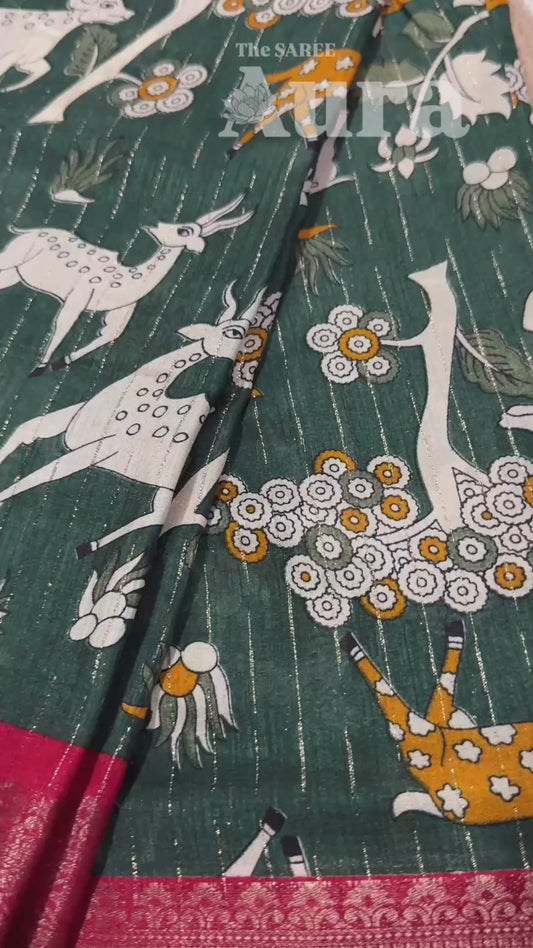 Kalamkari Silk saree (Bottle green & red)